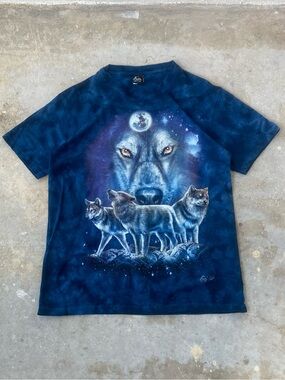 Vintage Caballo Wolf Graphic Tee Shirt Mens L Large Blue Tie Dye Double Sided